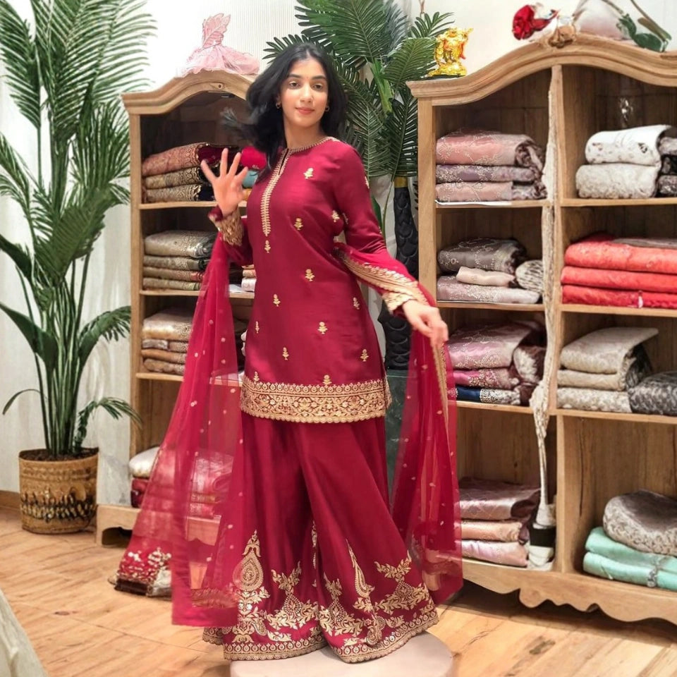 Aarzoo Crepe Silk Embroidered Sharara Set