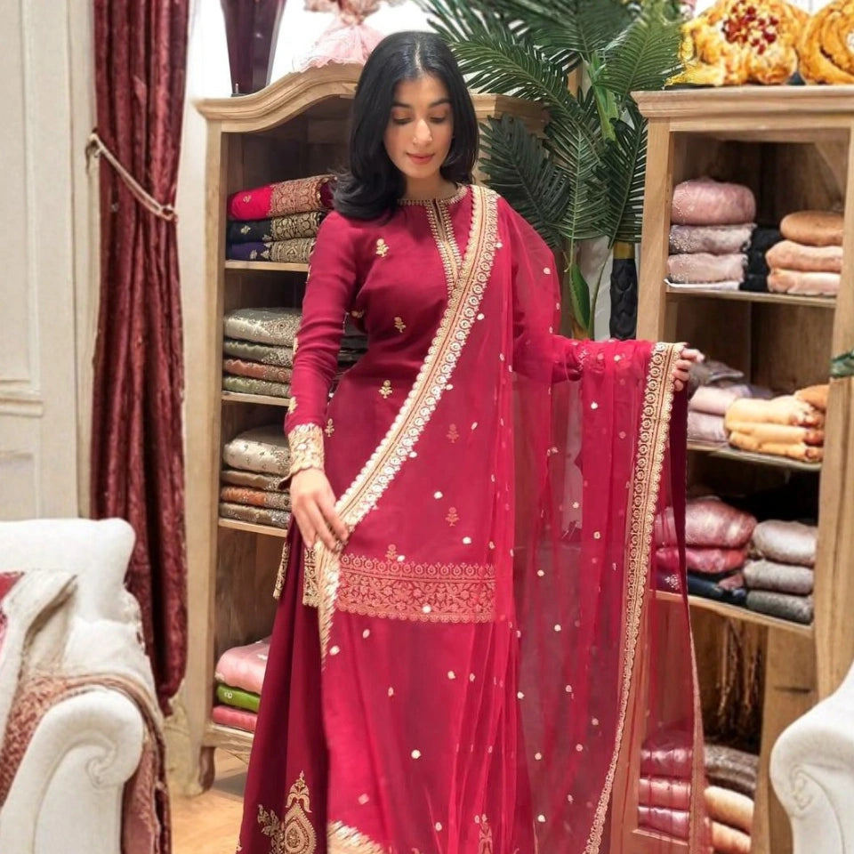 Aarzoo Crepe Silk Embroidered Sharara Set