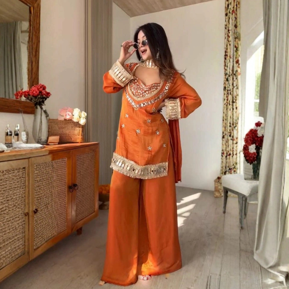 Zehra Fendi Silk Mirror Work Sharara Set