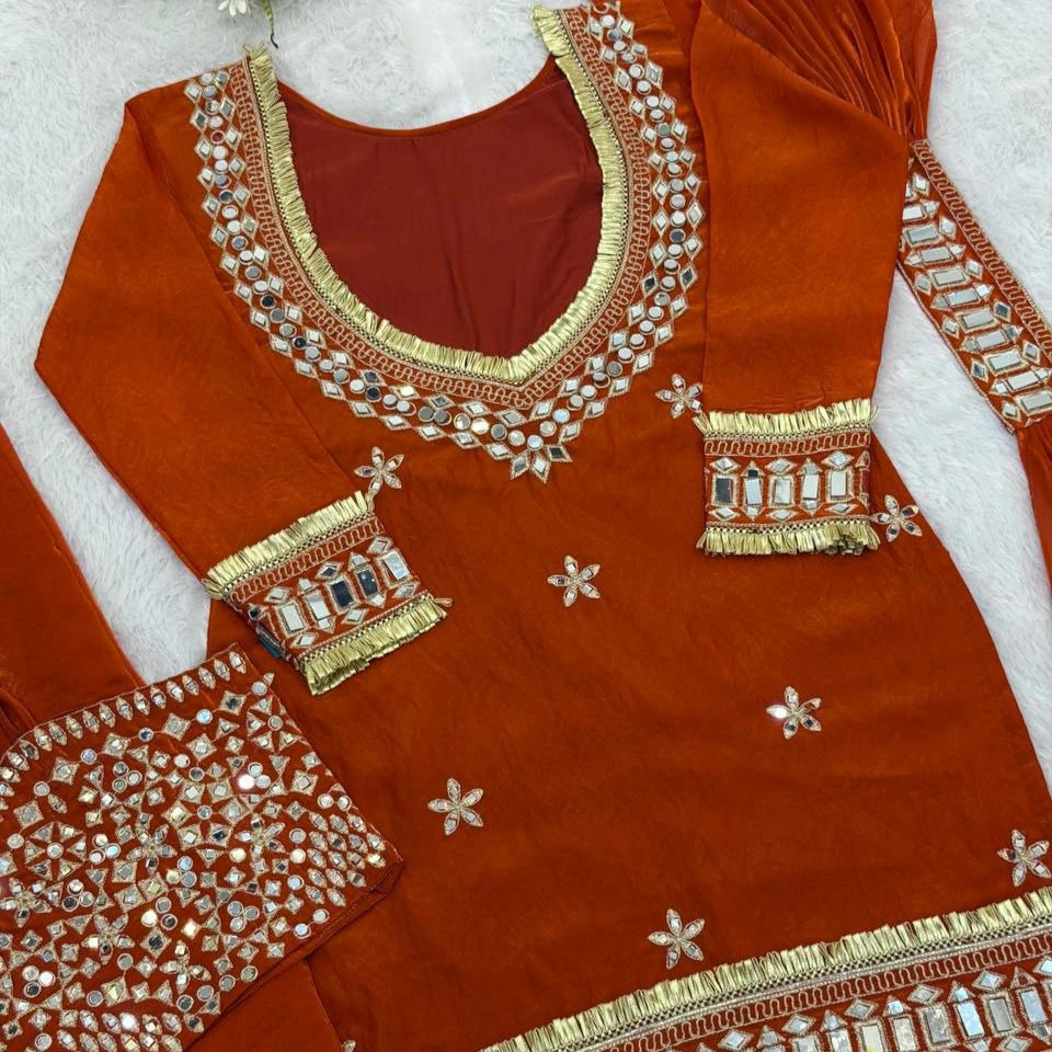 Zehra Fendi Silk Mirror Work Sharara Set