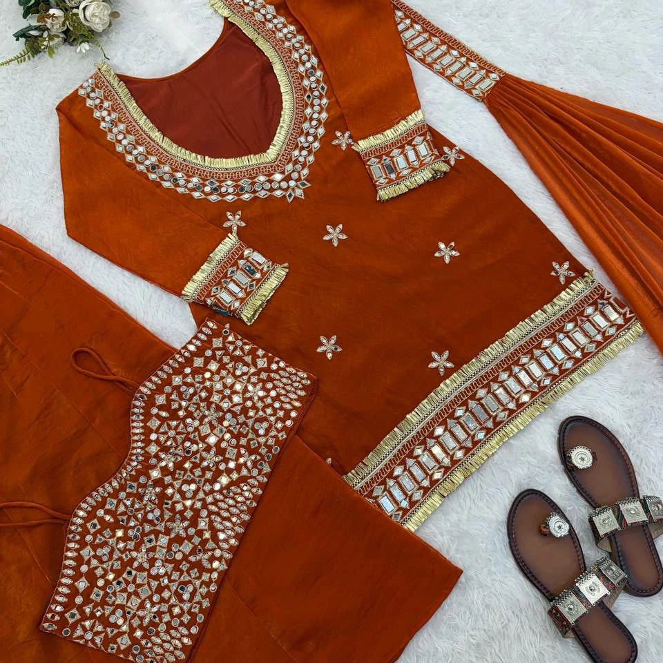 Zehra Fendi Silk Mirror Work Sharara Set