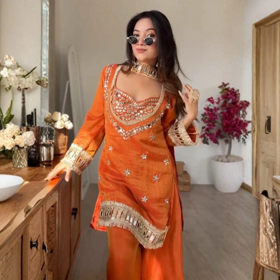Zehra Fendi Silk Mirror Work Sharara Set