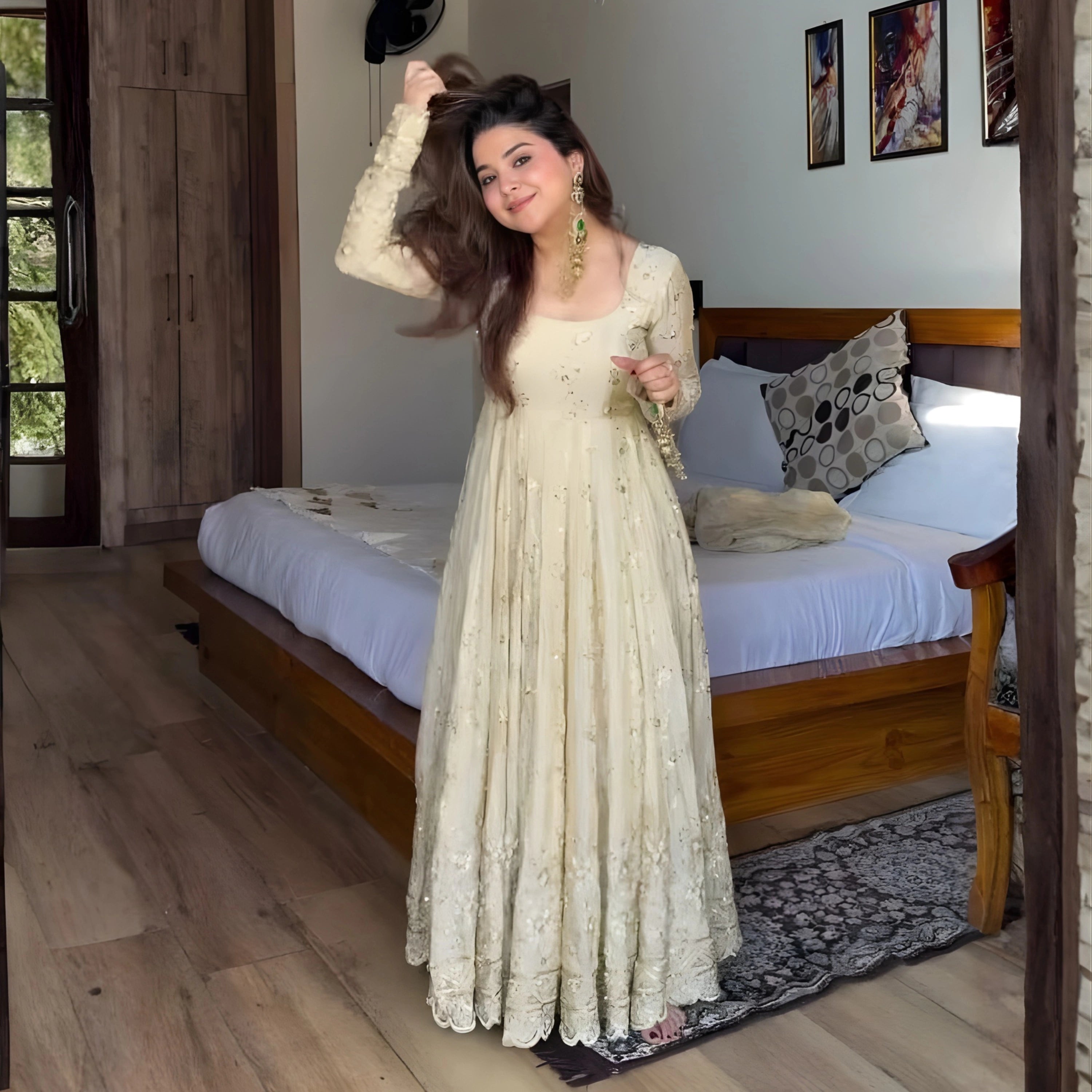 Elara Golden Beige Crunchy Silk Anarkali Set