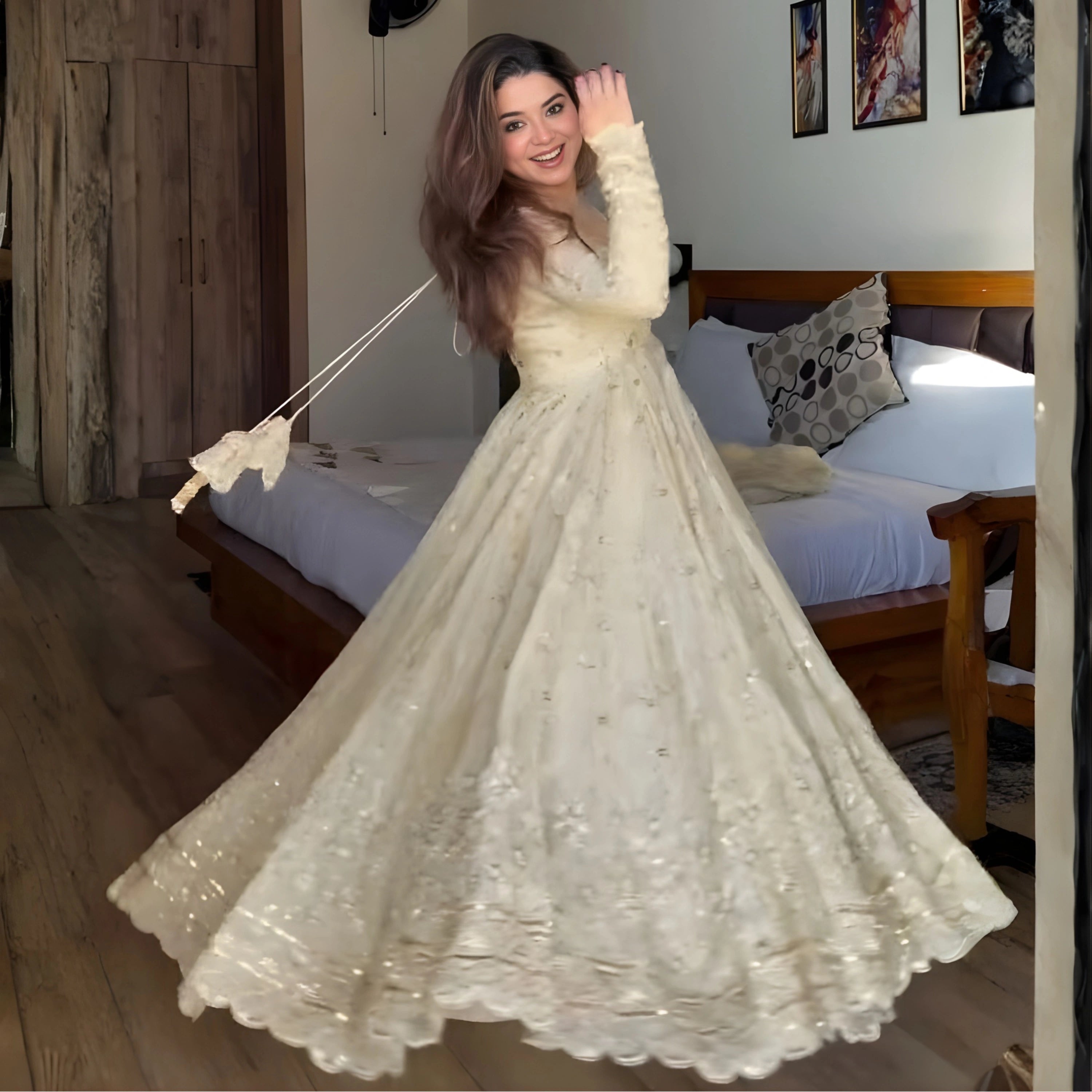 Elara Golden Beige Crunchy Silk Anarkali Set