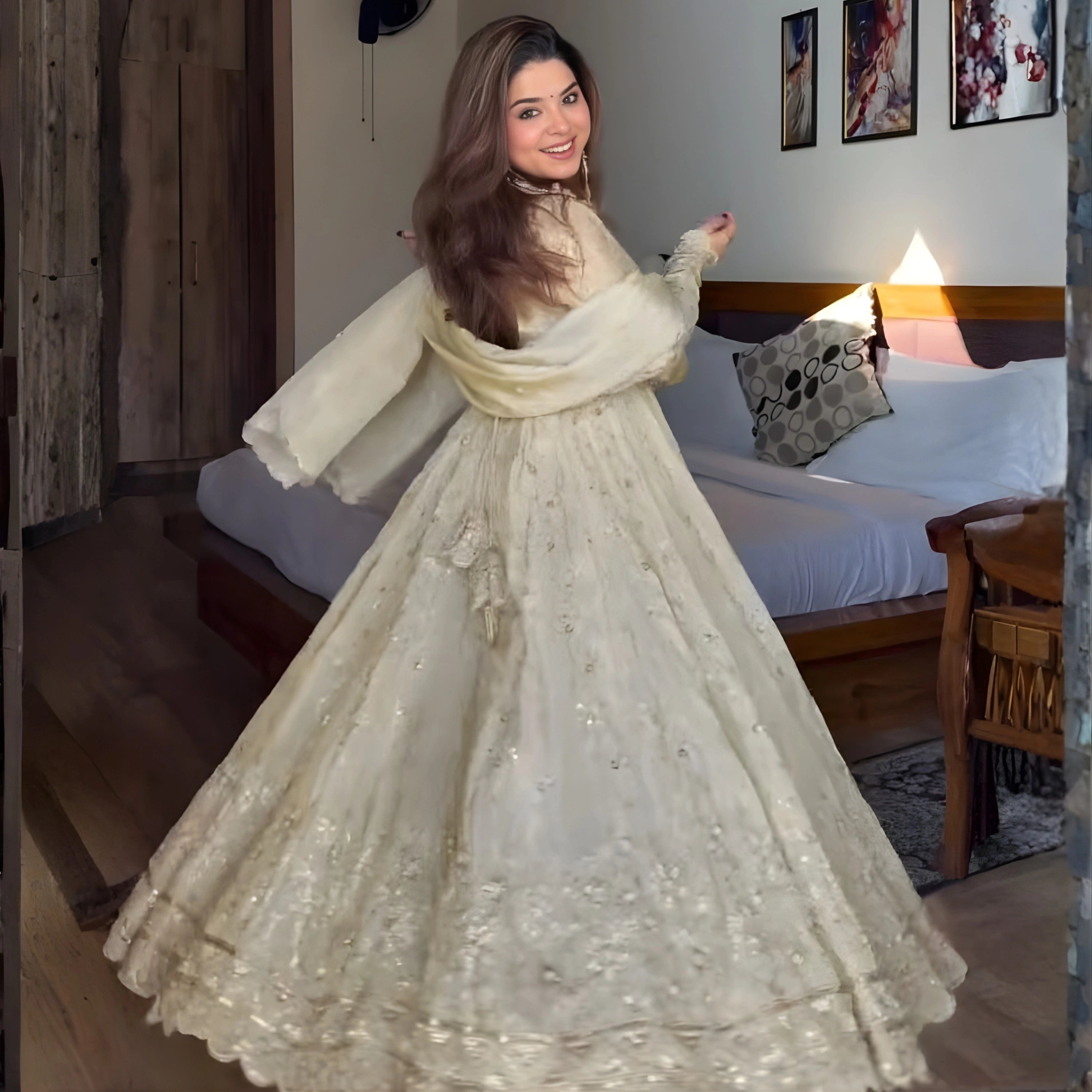 Elara Golden Beige Crunchy Silk Anarkali Set