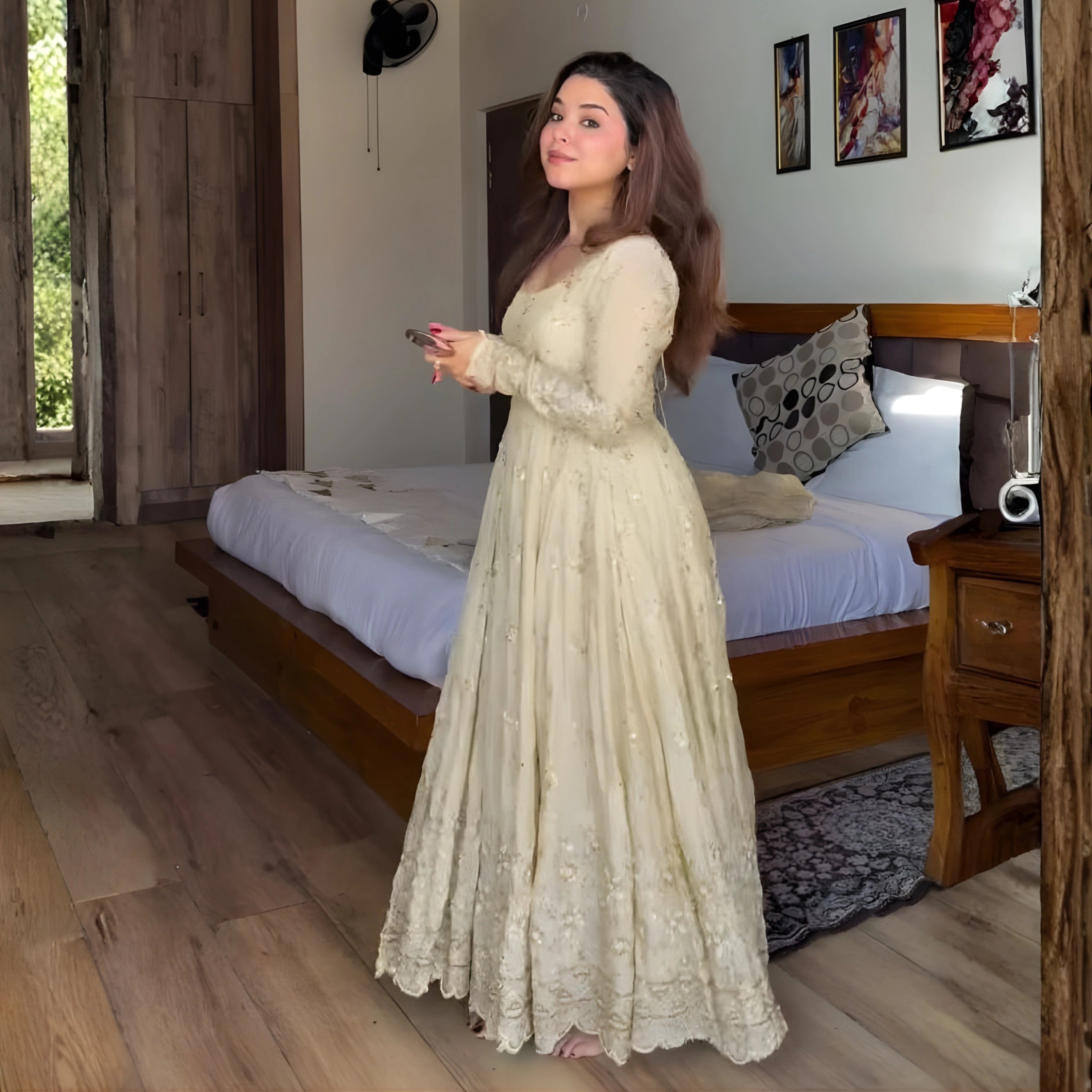Elara Golden Beige Crunchy Silk Anarkali Set