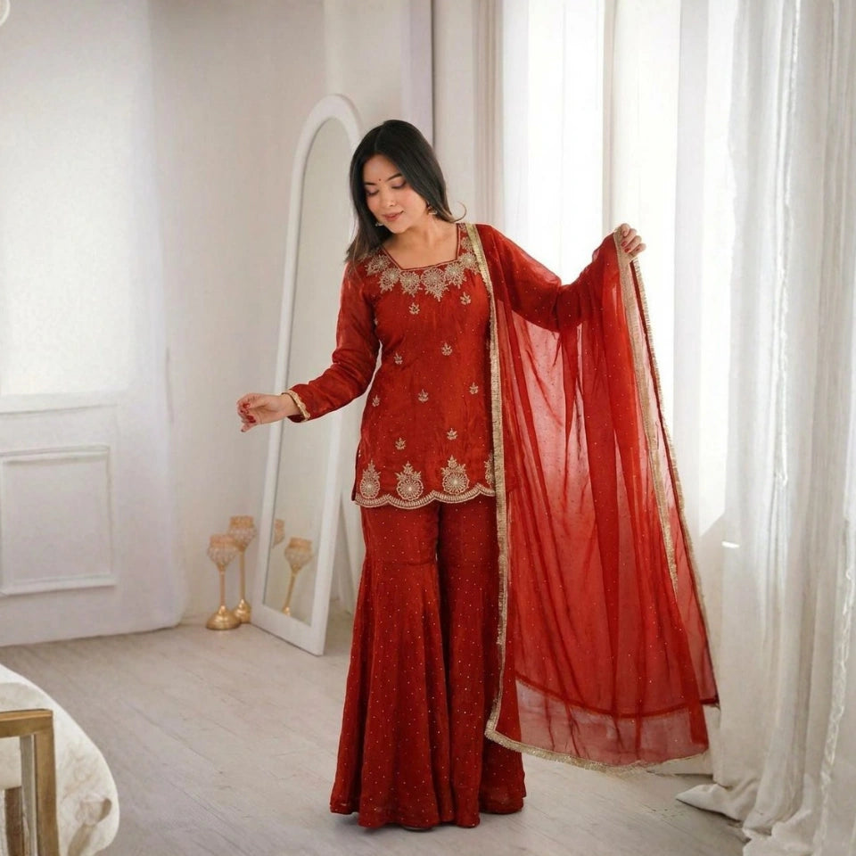Inaaya Fendi Silk Zarkan Embellished Sharara Set