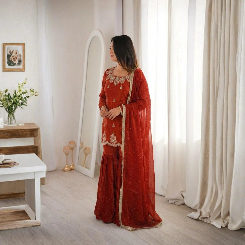 Inaaya Fendi Silk Zarkan Embellished Sharara Set