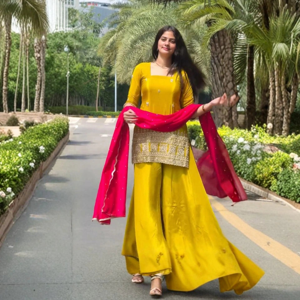 Gulnaar Crepe Silk Haldi Special Sharara Set