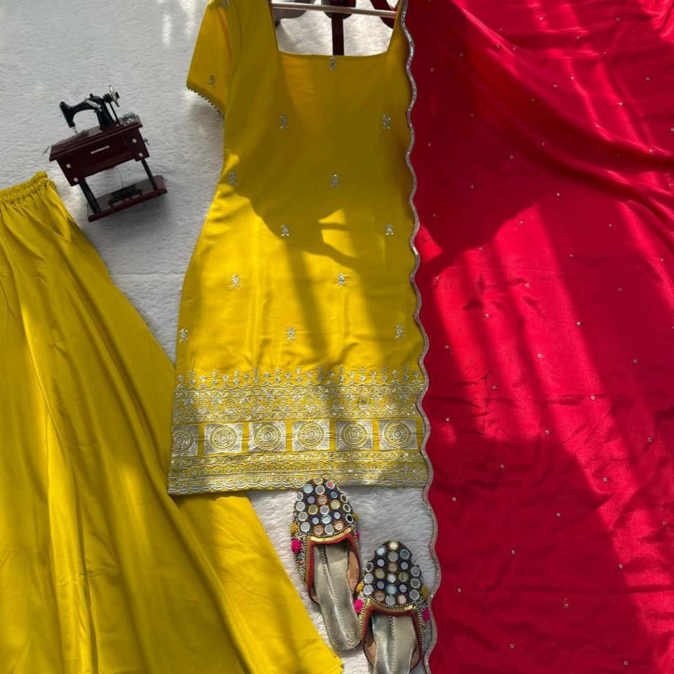 Gulnaar Crepe Silk Haldi Special Sharara Set