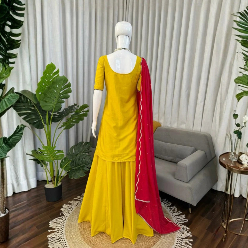 Gulnaar Crepe Silk Haldi Special Sharara Set