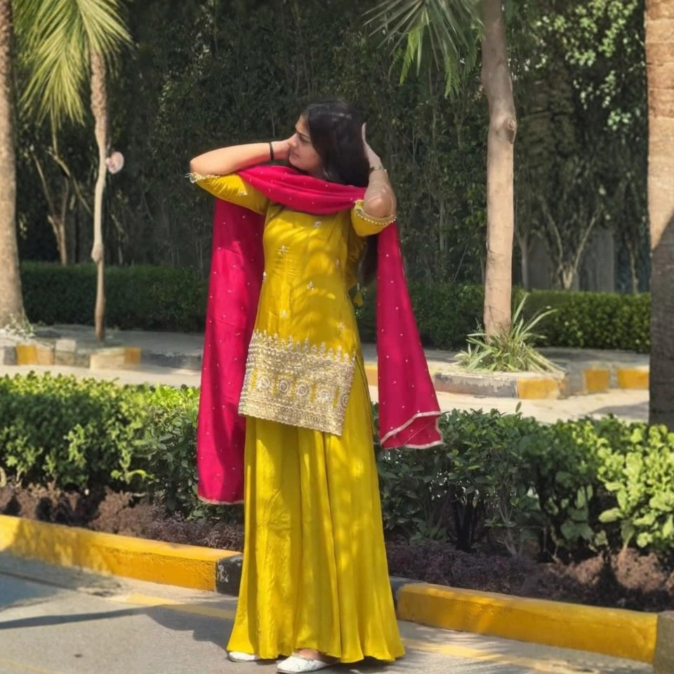 Gulnaar Crepe Silk Haldi Special Sharara Set