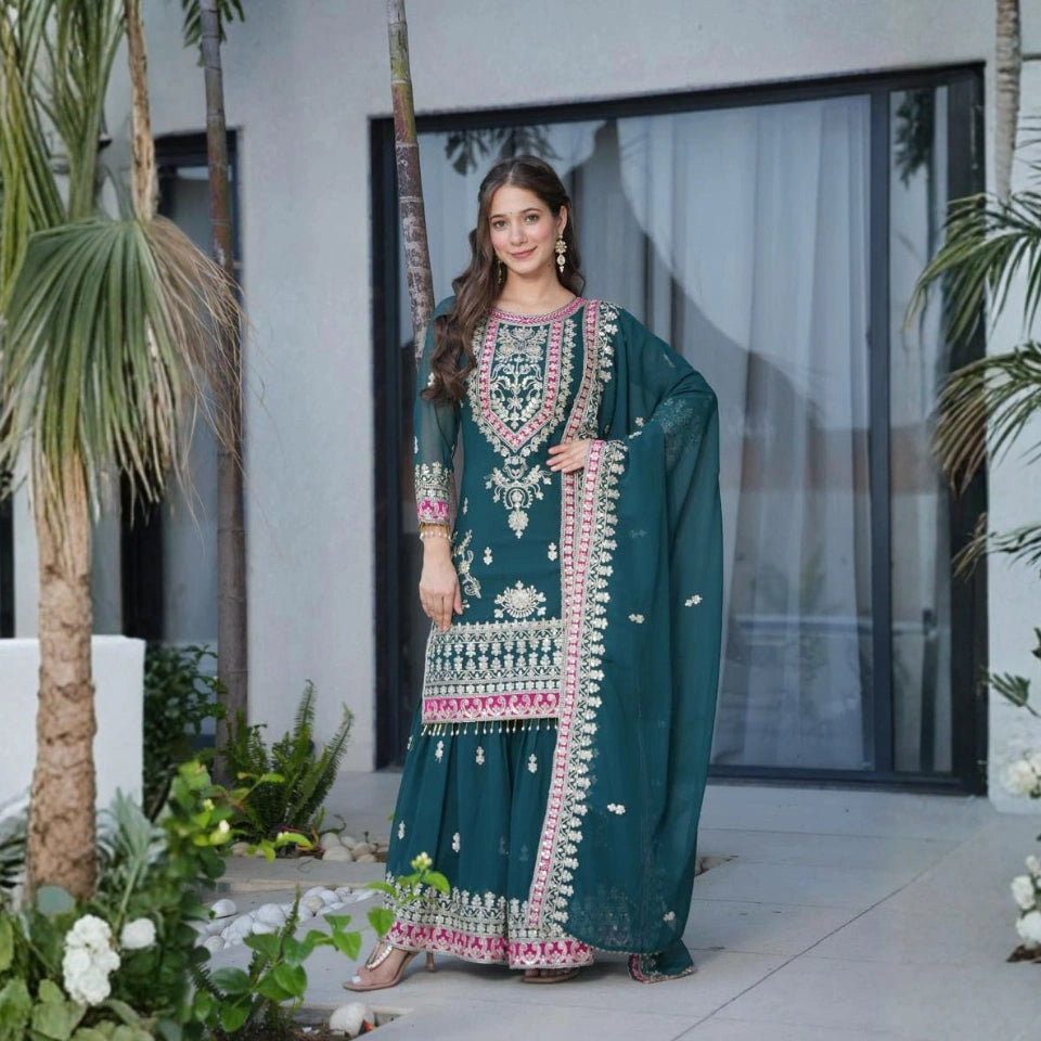 Saanvi Fox Georgette Embroidered Palazzo Set
