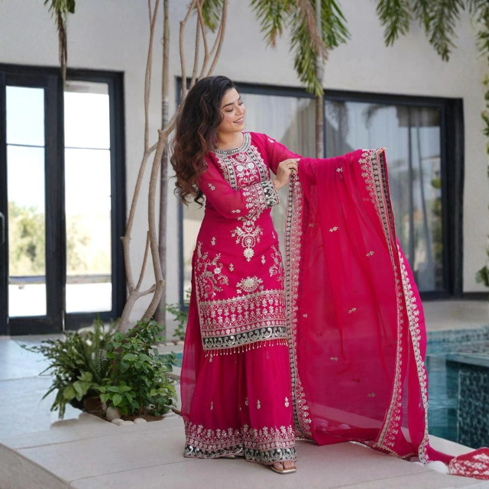 Saanvi Fox Georgette Embroidered Palazzo Set