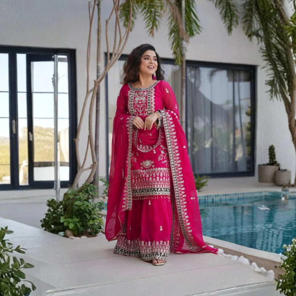 Saanvi Fox Georgette Embroidered Palazzo Set