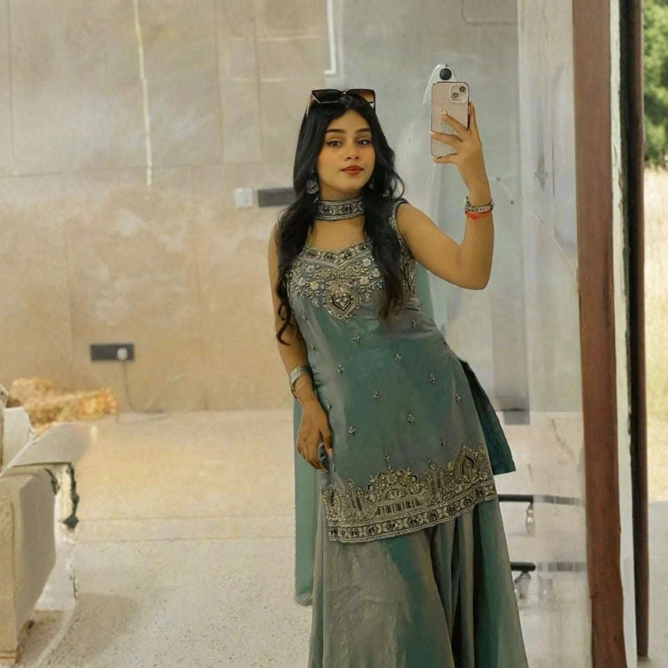 Aisha Two-Tone Silk Embroidered Sharara Set