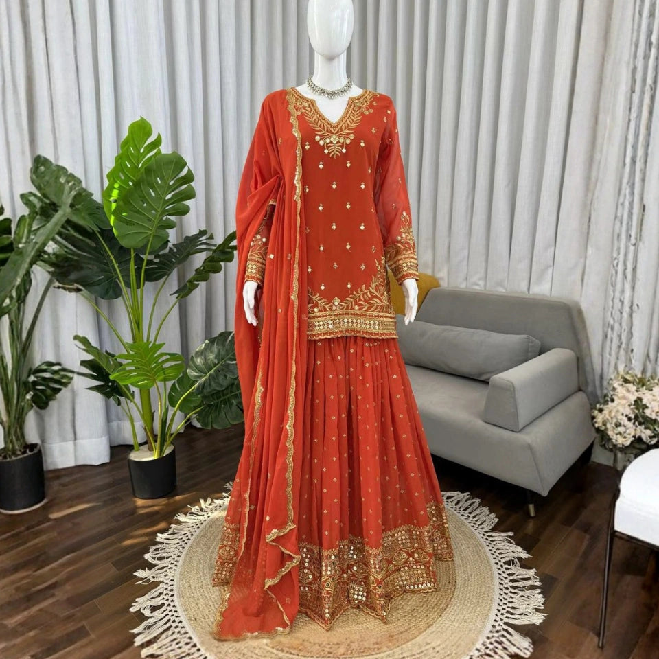 Riva Faux Georgette Embroidered Sharara Set