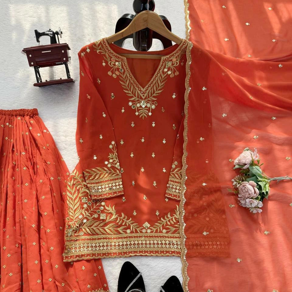 Riva Faux Georgette Embroidered Sharara Set