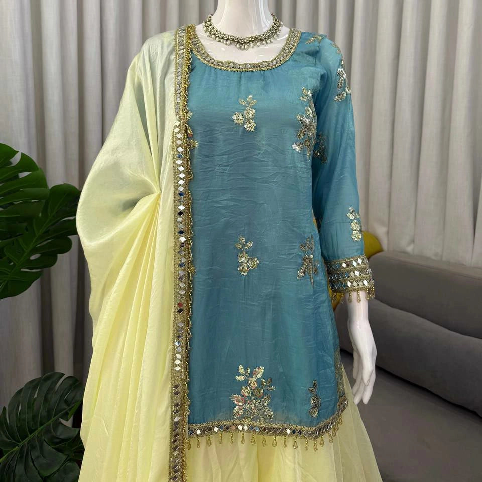 Zoya Fendi Silk Mirror Work Suit Set