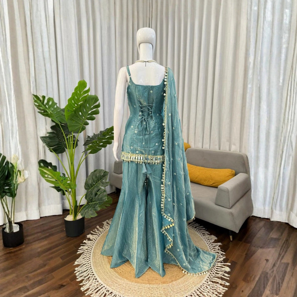 Alina Fendi Silk Mirror Work Palazzo Set