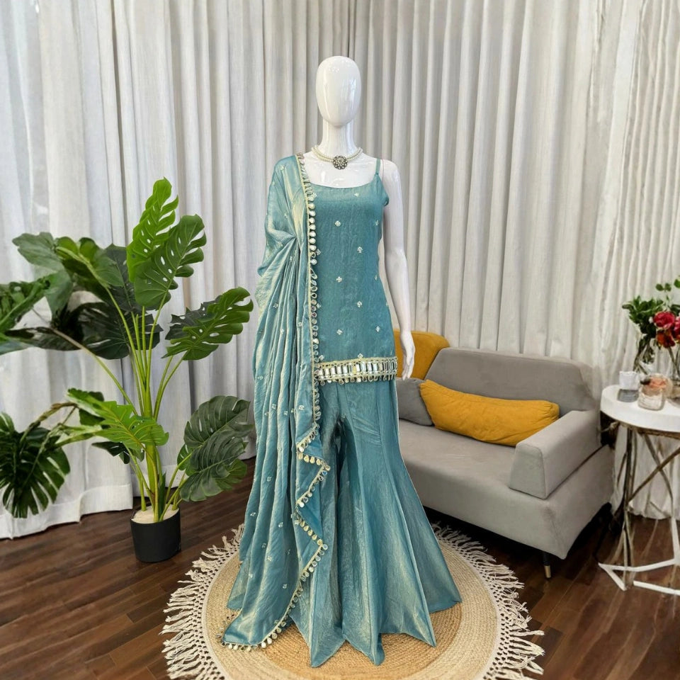Alina Fendi Silk Mirror Work Palazzo Set