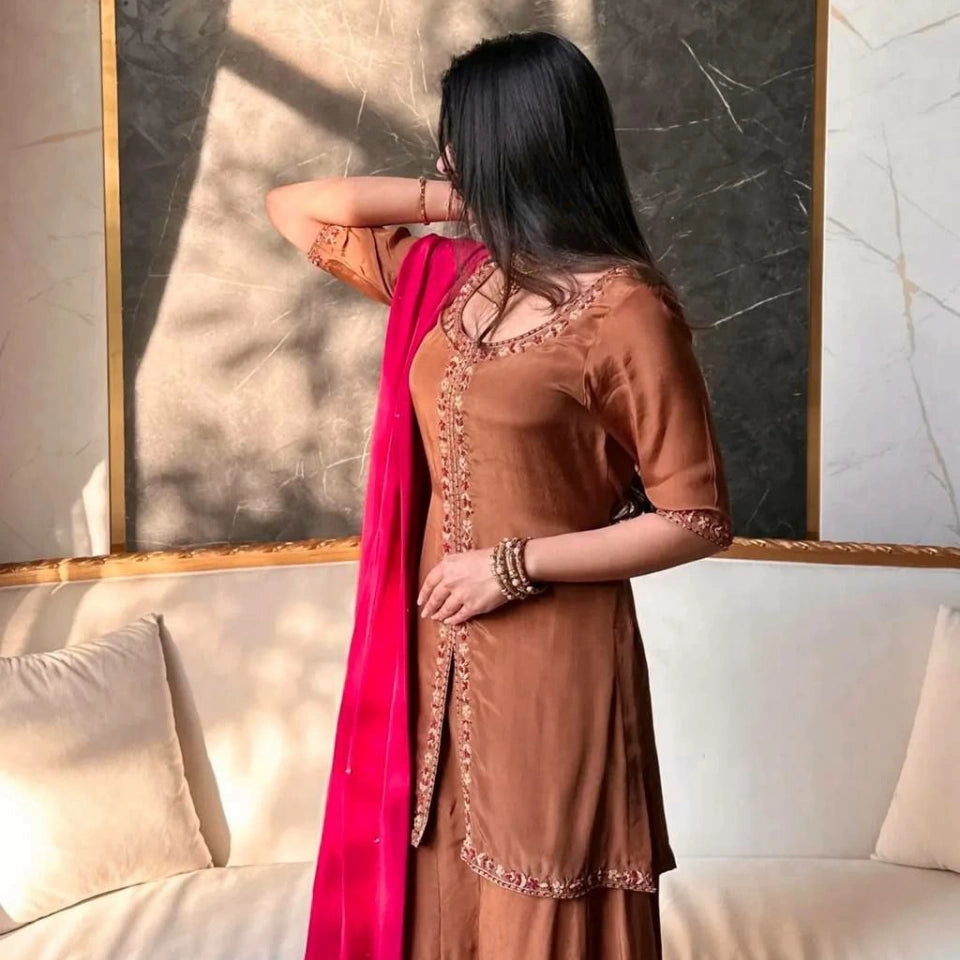 Tara Crepe Silk Embroidered Sharara Set