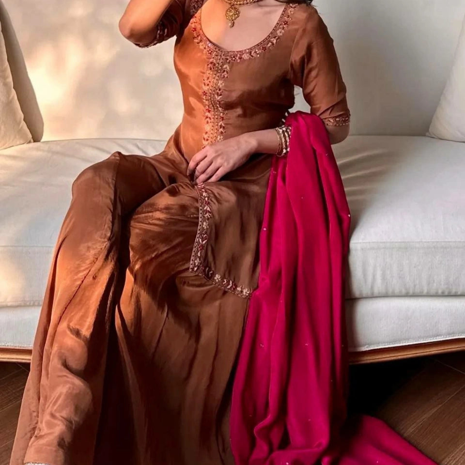 Tara Crepe Silk Embroidered Sharara Set