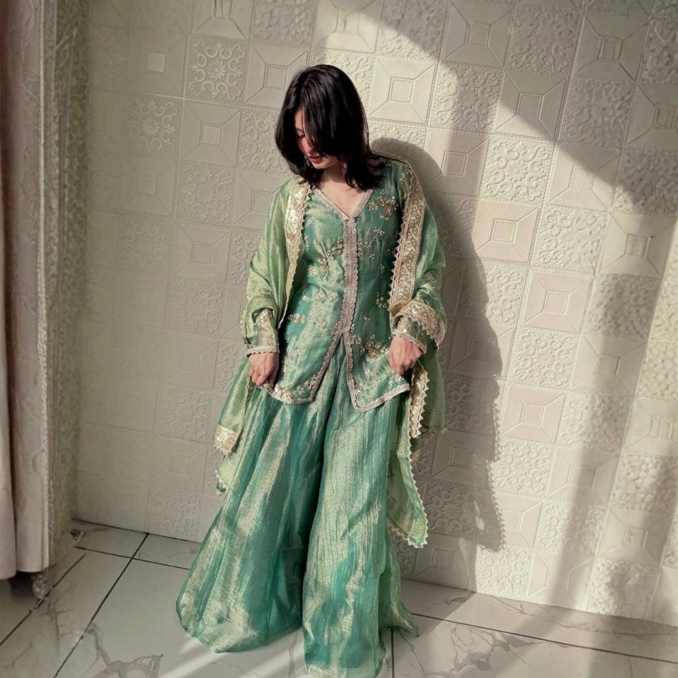 Zehreen Fendi Silk Heavy Embroidered Sharara Set