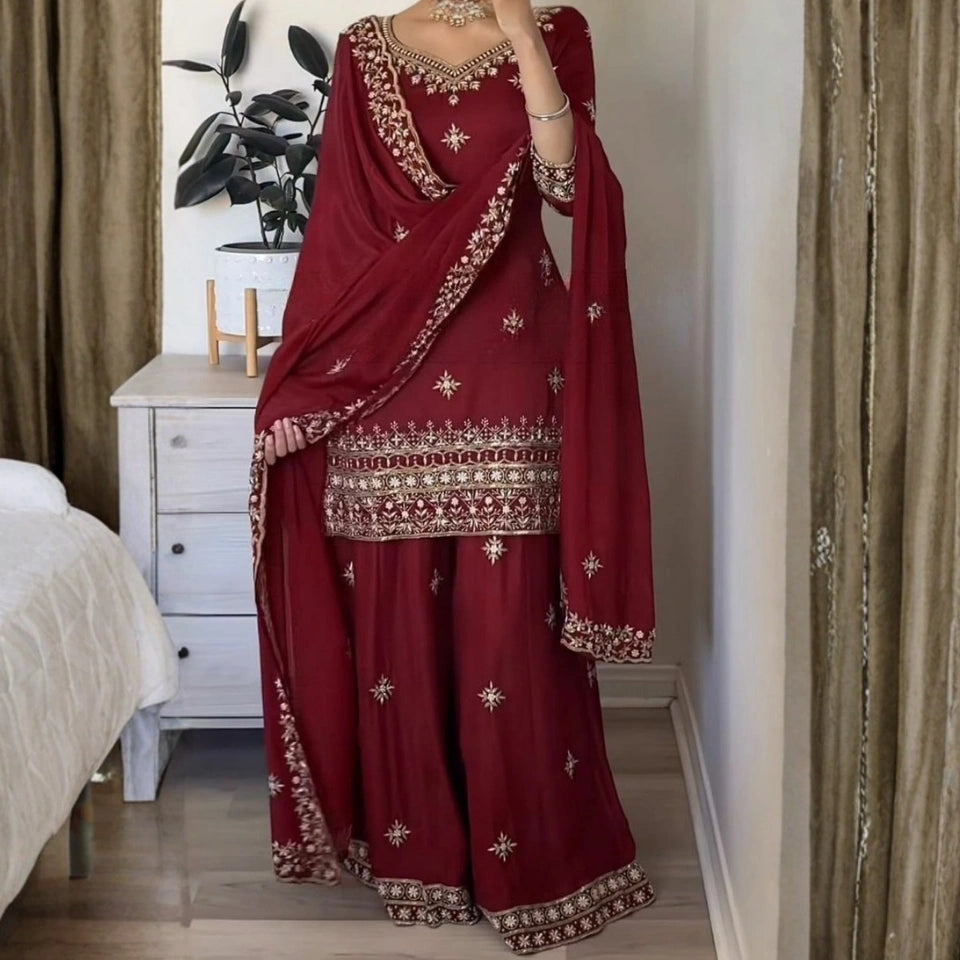 Mehr Maroon Crepe Embroidered Sharara Set
