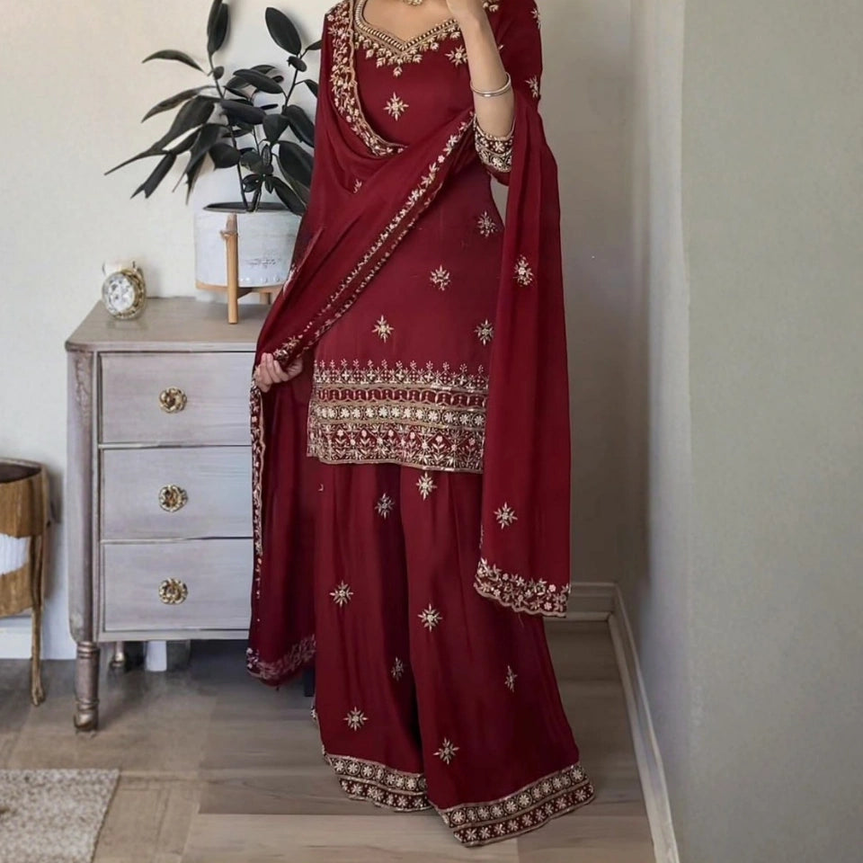 Mehr Maroon Crepe Embroidered Sharara Set
