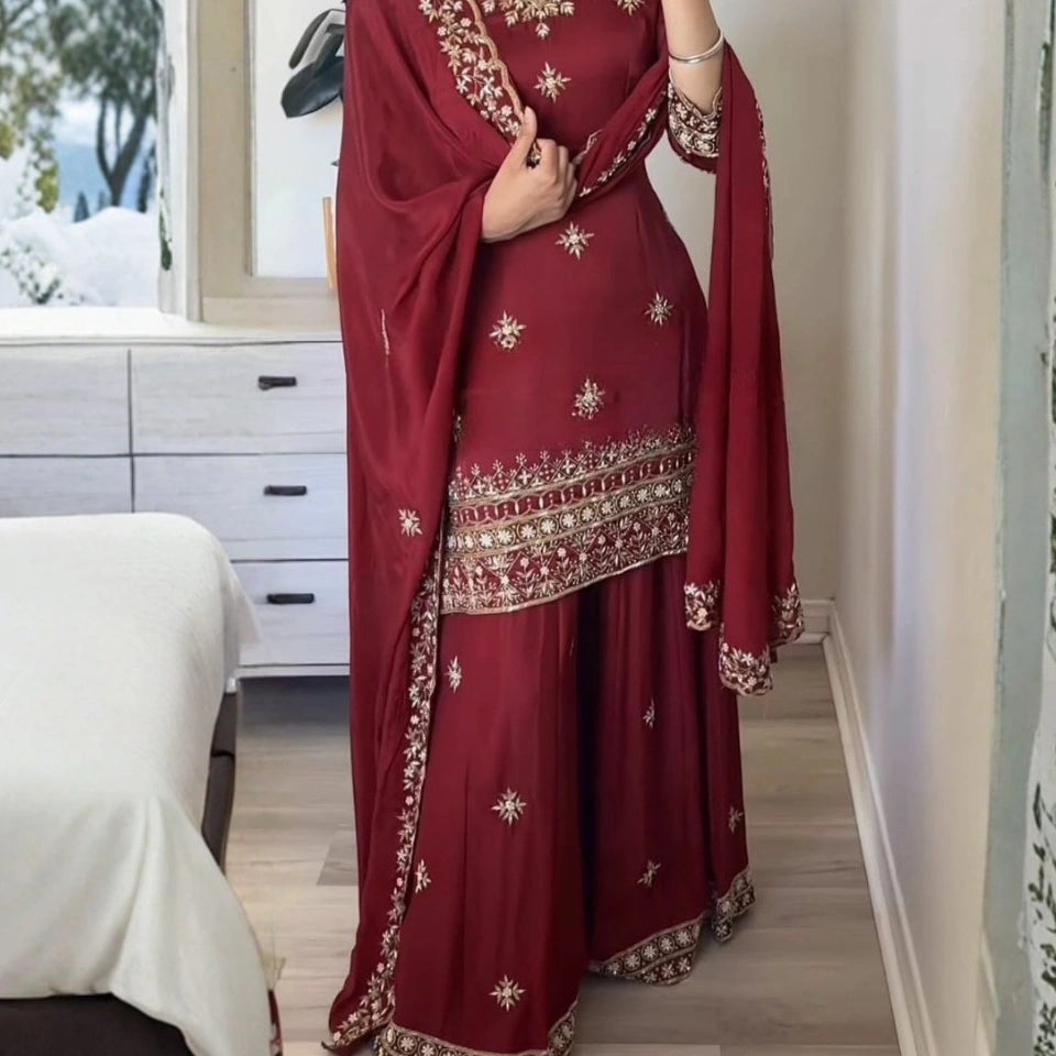 Mehr Maroon Crepe Embroidered Sharara Set