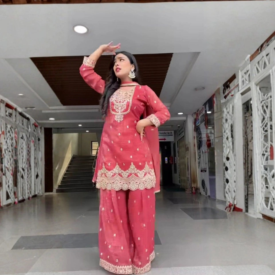 Elina Crunchy Silk Embroidered Sharara Set