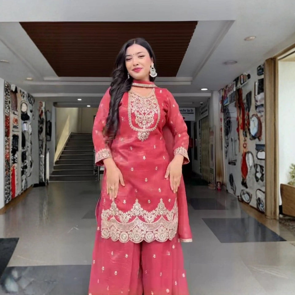 Elina Crunchy Silk Embroidered Sharara Set