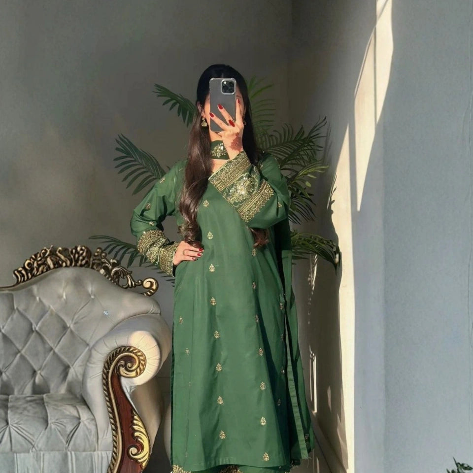 Zaina Bottle Green Silk Embroidered Palazzo Set