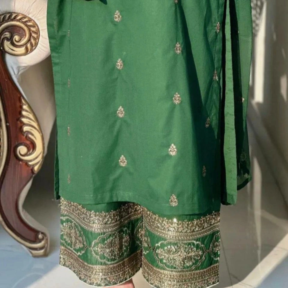 Zaina Bottle Green Silk Embroidered Palazzo Set