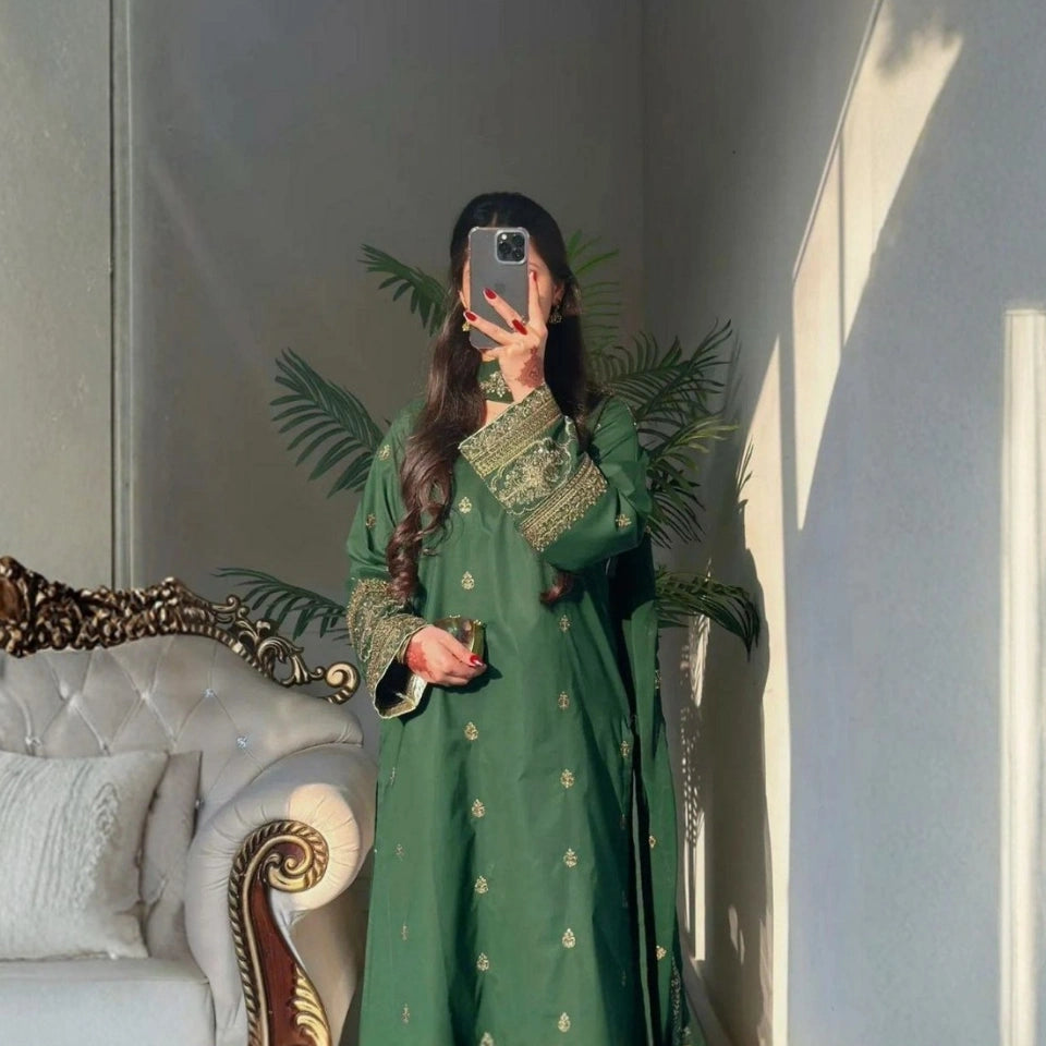 Zaina Bottle Green Silk Embroidered Palazzo Set