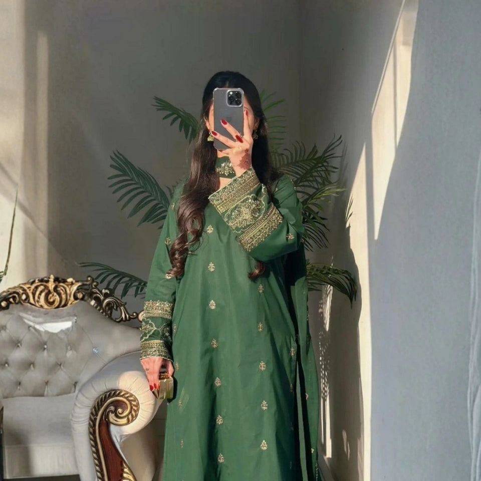 Zaina Bottle Green Silk Embroidered Palazzo Set