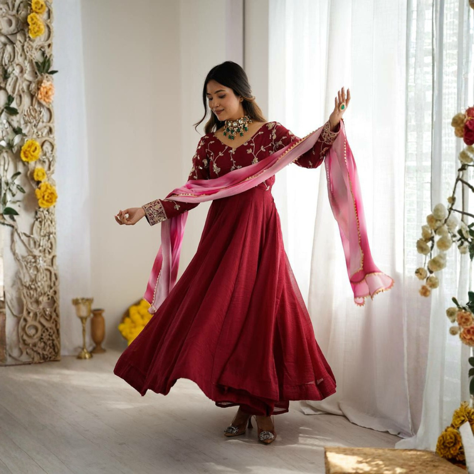 Crunchy Silk Embroidered Gown Set with Chinon Dupatta