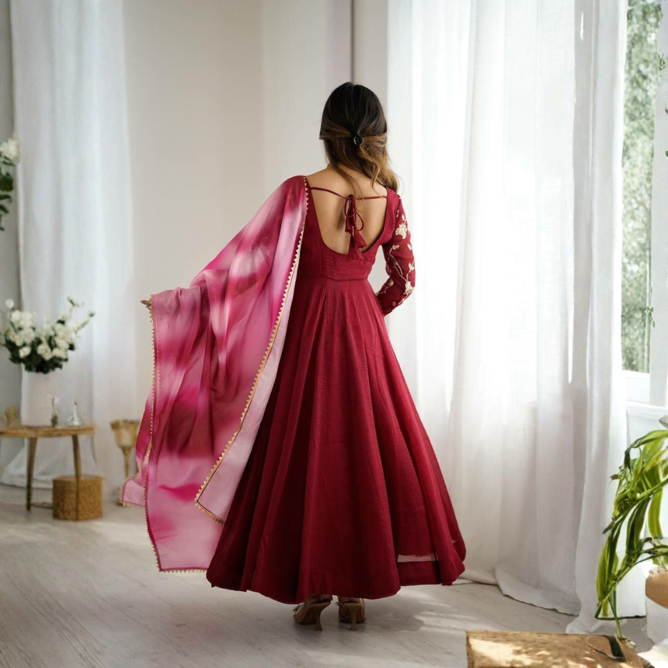 Crunchy Silk Embroidered Gown Set with Chinon Dupatta