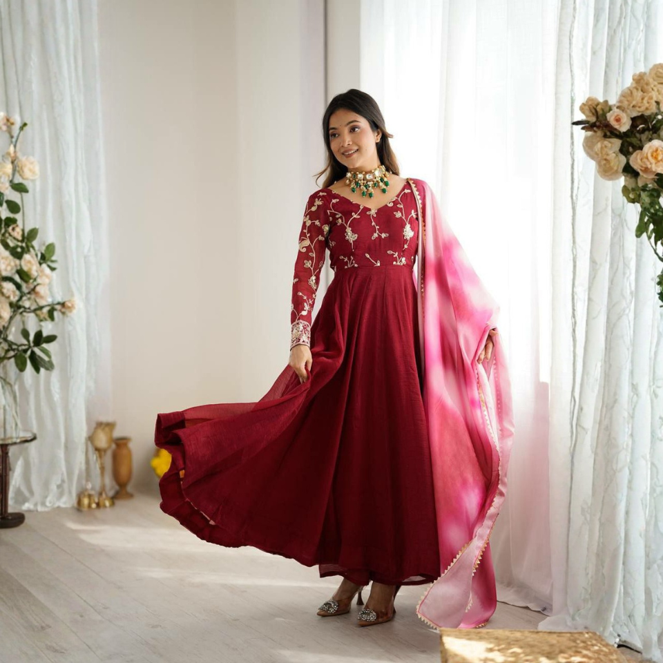 Crunchy Silk Embroidered Gown Set with Chinon Dupatta