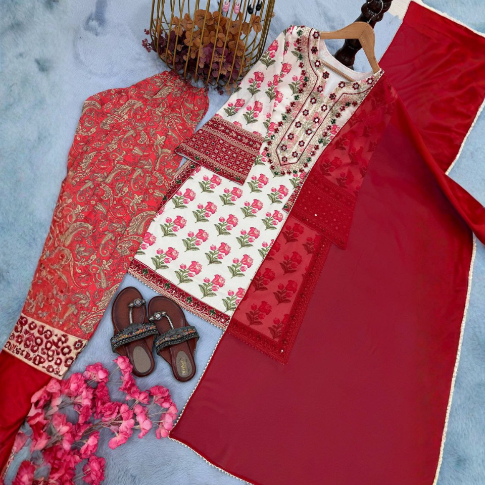 Natural Crepe Digital Print Embroidered Farshi Plazzo Set with Dupatta