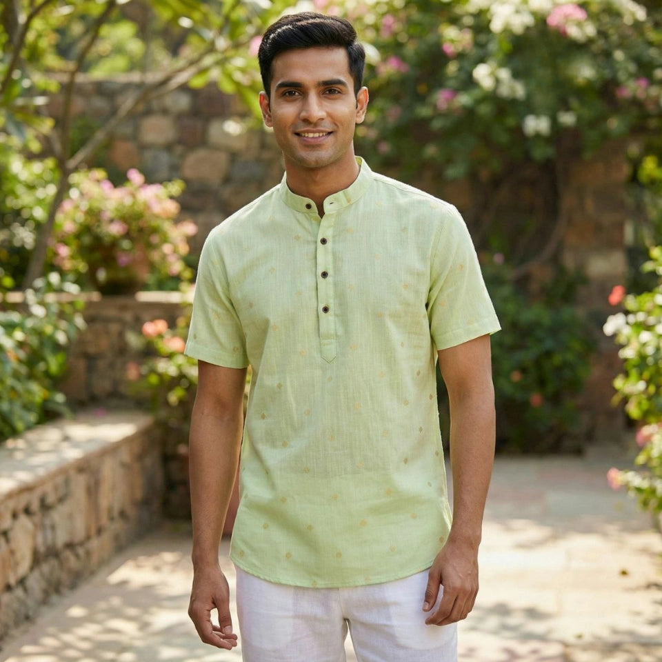 Linen Cotton Jacquard Butta Short Kurta