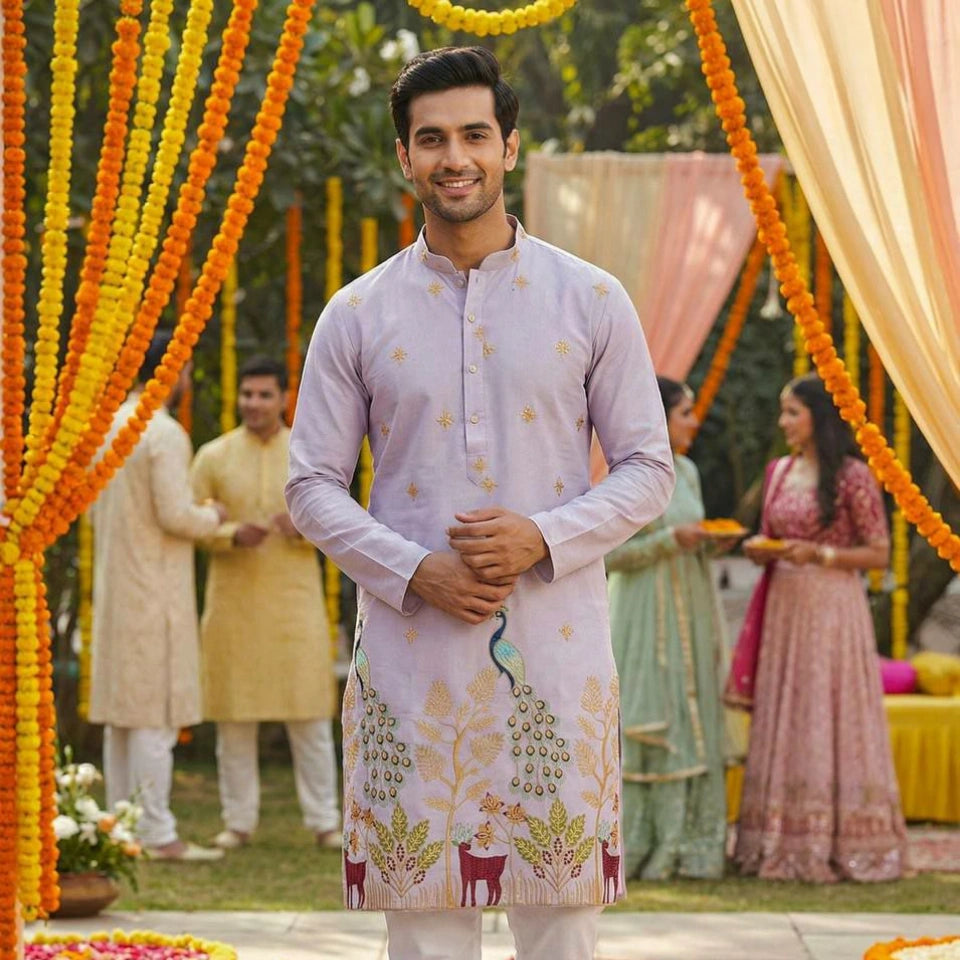 Pure Silk Party Wear Kurta Set with Sequins Work