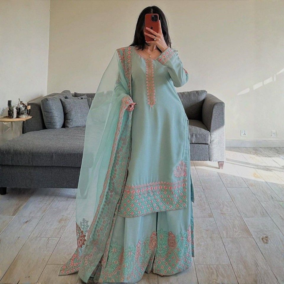 Fox Georgette Embroidered Plazzo Set with Organza Silk Dupatta