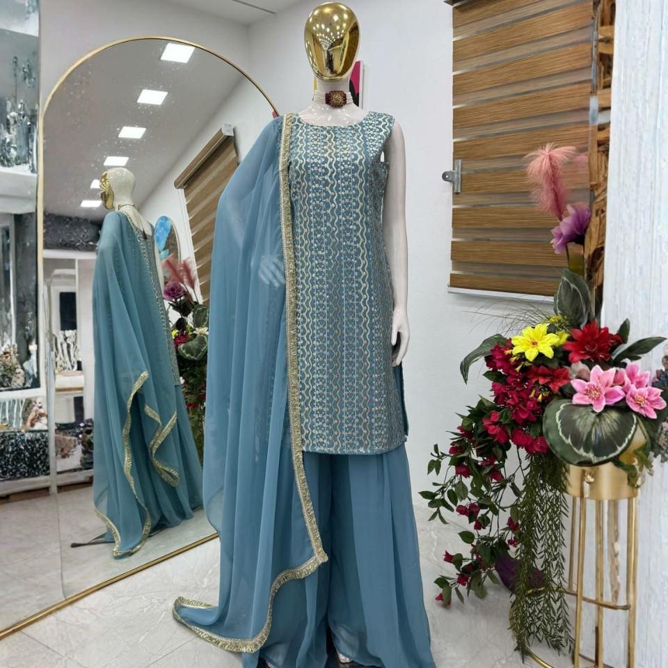 Fox Georgette Kurta Plazzo Set with Dupatta – Fully Stitched