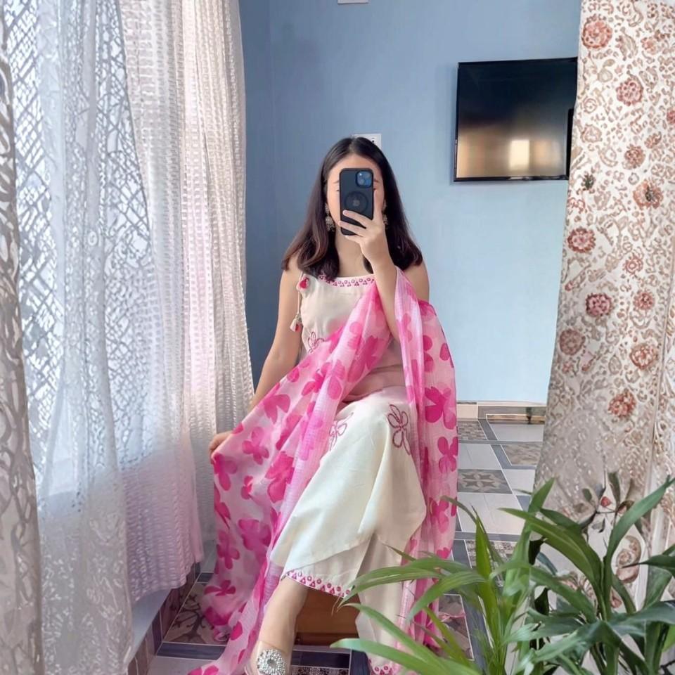 Roman Silk Mirror Work Dress Set with Kota Dupatta