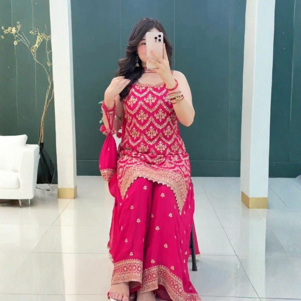 Heavy Faux Georgette Embroidered Plazzo Set with Potli & Dupatta