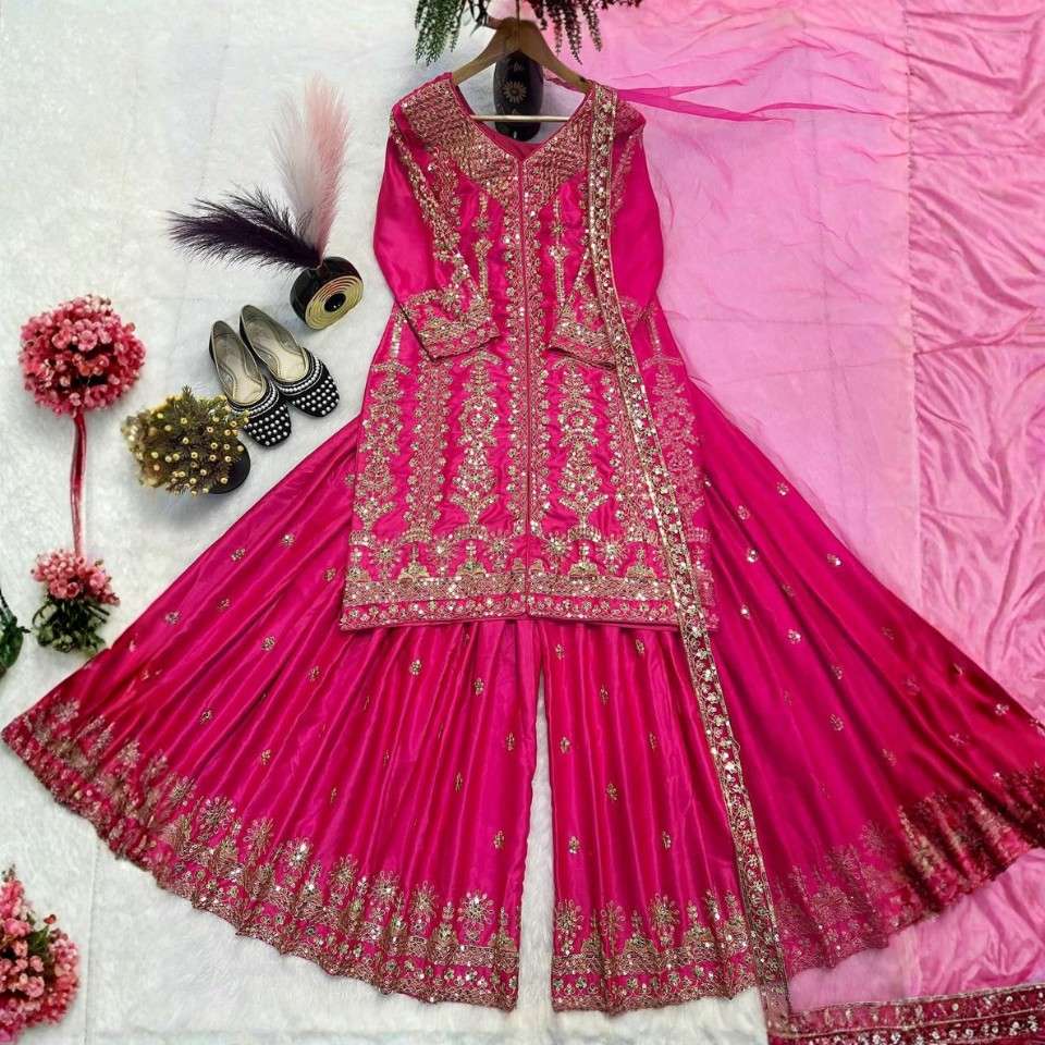 Heavy Malay Satin Silk Embroidered Sharara Set with Dupatta