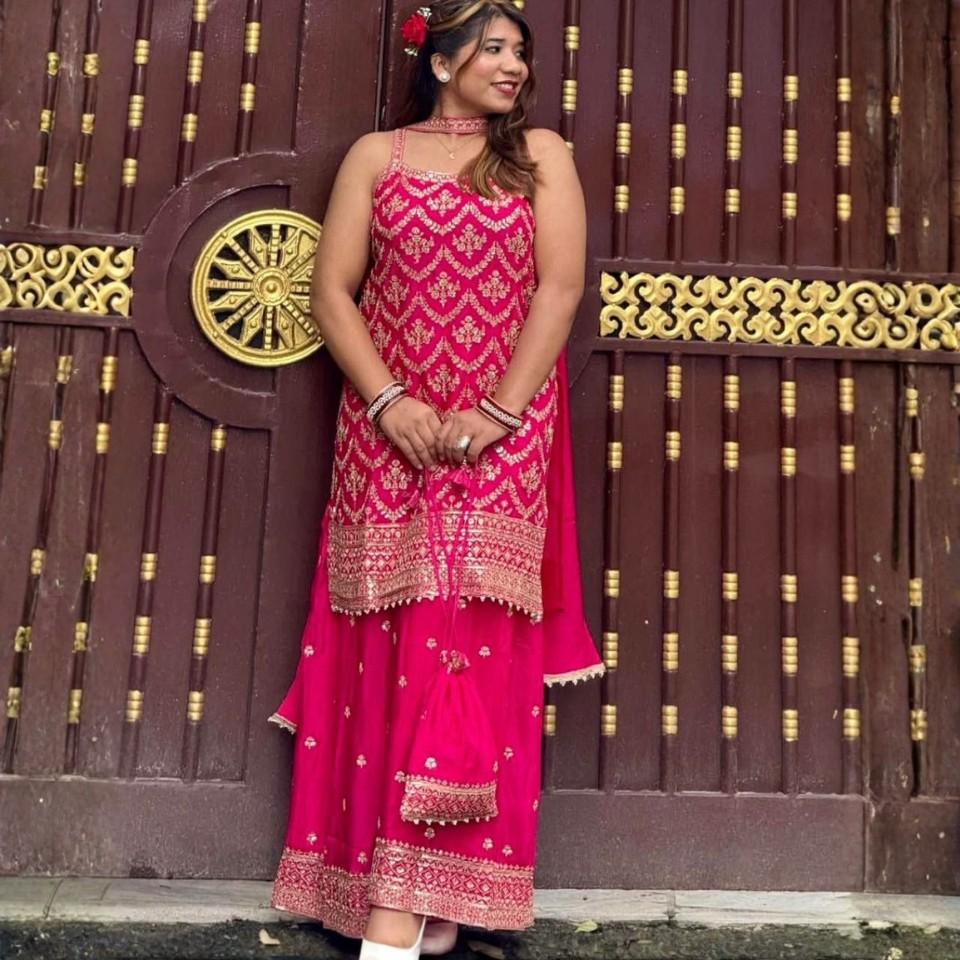 Heavy Faux Georgette Embroidered Plazzo Set with Potli & Dupatta