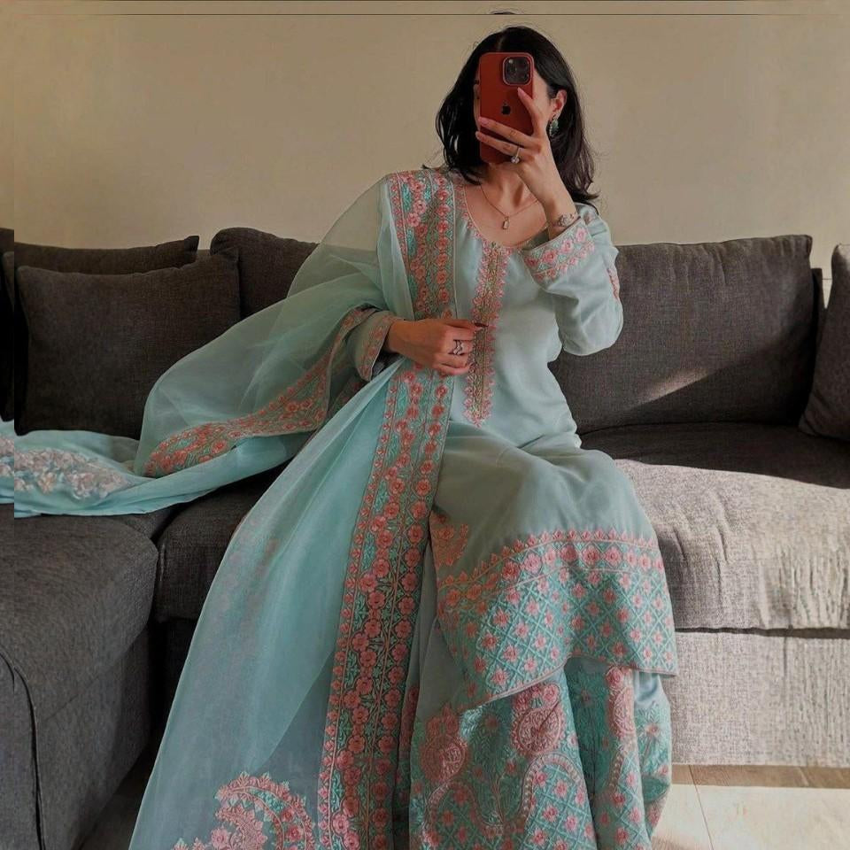 Fox Georgette Embroidered Plazzo Set with Organza Silk Dupatta